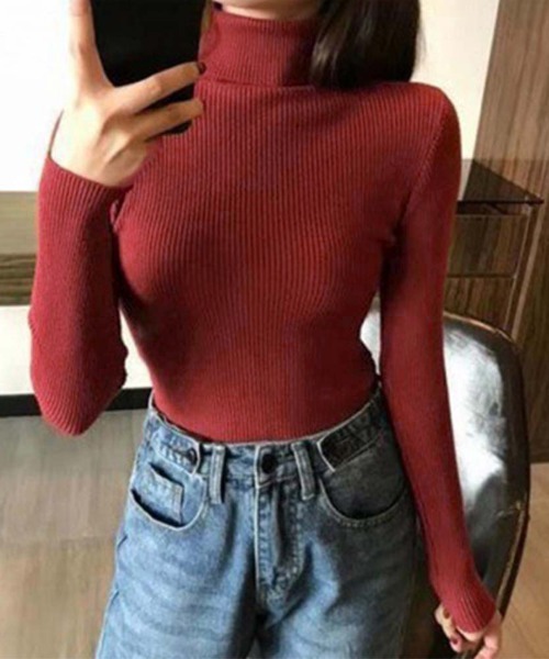 Miniministore(ミニミニストア)の「リブ ニットトップス タートルネック無地(ニット/セーター・レディース・ラベンダー/ダークグリーン/ダークベージュ/ワインレッド/グリーン/ピンク/グレー/ブラック/ホワイト/ベージュ/レッド/ブラウン/イエロー/ブルー/オレンジ・FREE)」の14枚目の写真