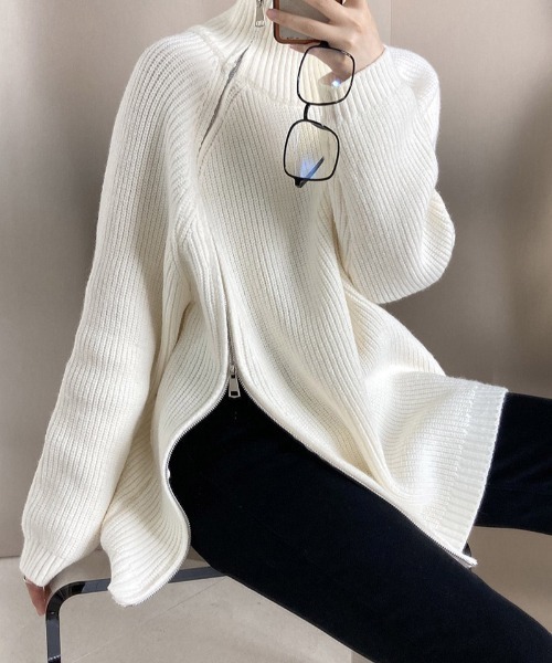 gossip！ロサンゼルス（ゴシップロサンゼルス）の「アシンメトリージップニット（ニット/セーター・レディース・ブラック/ホワイト/グレー・FREE）」の9枚目の写真