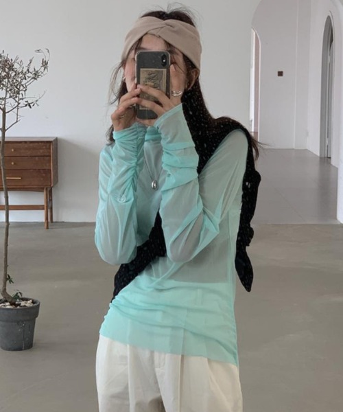 Per sist ence（パーシエンス）の「シアーメロウハイネックカットソー/袖ギャザーデザイン（Tシャツ/カットソー・レディース・ホワイト/ピンク/ブラック/ブルーグレー/ライトグリーン・FREE）」の7枚目の写真