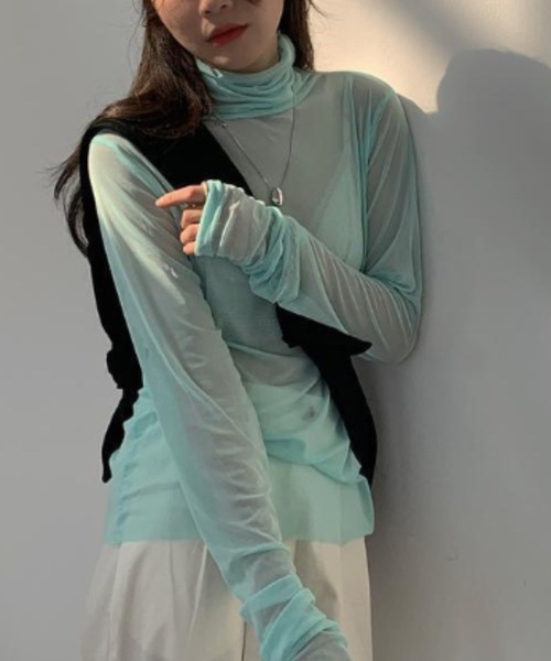 Per sist ence（パーシエンス）の「シアーメロウハイネックカットソー/袖ギャザーデザイン（Tシャツ/カットソー・レディース・ホワイト/ピンク/ブラック/ブルーグレー/ライトグリーン・FREE）」の8枚目の写真
