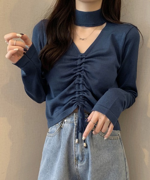 Miniministore(ミニミニストア)の「ショート ニットトップス ホルターネック(ニット/セーター・レディース・オフホワイト/ダークブルー/ブラック・FREE)」の12枚目の写真