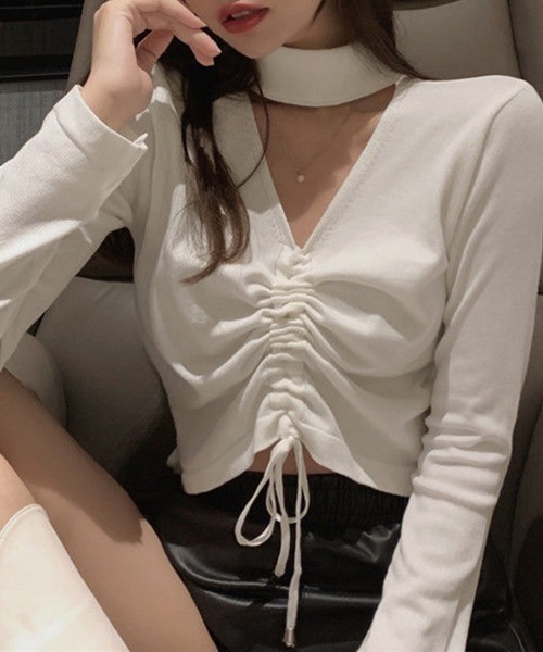 Miniministore(ミニミニストア)の「ショート ニットトップス ホルターネック(ニット/セーター・レディース・オフホワイト/ダークブルー/ブラック・FREE)」の14枚目の写真