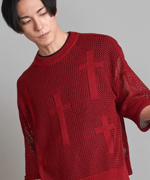 NO ID.（ノーアイディ）の「【NO ID.】Cross Motif Layered Sheer Knit Crew Neck Pullover / クロス モチーフ レイヤード シアー ニット クルーネック プルオーバー（ニット/セーター・メンズ・レッド/アイボリー/ブラック・ONE SIZE）」の3枚目の写真