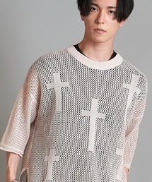 【NO ID.】Cross Motif Layered Sheer Knit Crew Neck Pullover / クロス モチーフ レイヤード シアー ニット クルーネック プルオーバー