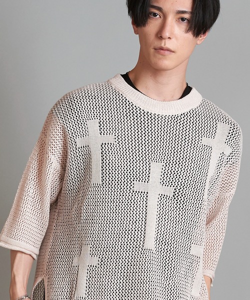 【セール】クロスモチーフレイヤードシアーニットC/N-PO(プルオーバー)（ニット/セーター）｜NO ID.（ノーアイディ）