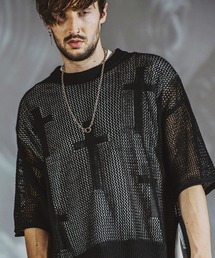 NO ID. | 【NO ID.】Cross Motif Layered Sheer Knit Crew Neck Pullover / クロス モチーフ レイヤード シアー ニット クルーネック プルオーバー(ニット/セーター)