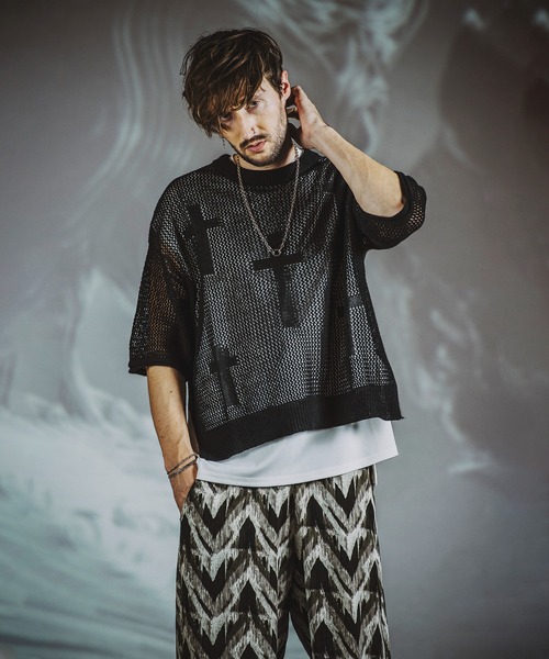 セール】【NO ID.】Cross Motif Layered Sheer Knit Crew Neck 