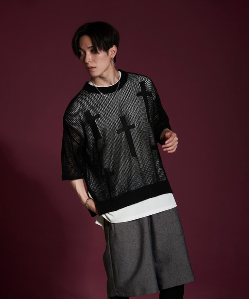 NO ID.（ノーアイディ）の「【NO ID.】Cross Motif Layered Sheer Knit Crew Neck Pullover / クロス モチーフ レイヤード シアー ニット クルーネック プルオーバー（ニット/セーター・メンズ・レッド/アイボリー/ブラック・ONE SIZE）」の6枚目の写真