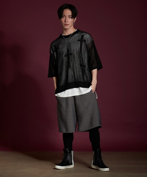 NO ID.（ノーアイディ）の「【NO ID.】Cross Motif Layered Sheer Knit Crew Neck Pullover / クロス モチーフ レイヤード シアー ニット クルーネック プルオーバー（ニット/セーター・メンズ・レッド/アイボリー/ブラック・ONE SIZE）」の9枚目の写真