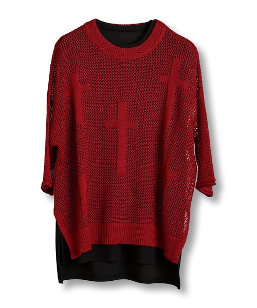 NO ID.（ノーアイディ）の「【NO ID.】Cross Motif Layered Sheer Knit Crew Neck Pullover / クロス モチーフ レイヤード シアー ニット クルーネック プルオーバー（ニット/セーター・メンズ・レッド/アイボリー/ブラック・ONE SIZE）」の15枚目の写真