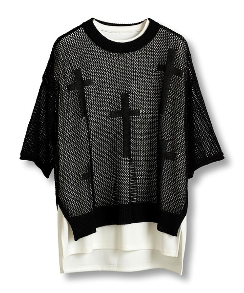 NO ID.（ノーアイディ）の「【NO ID.】Cross Motif Layered Sheer Knit Crew Neck Pullover / クロス モチーフ レイヤード シアー ニット クルーネック プルオーバー（ニット/セーター・メンズ・レッド/アイボリー/ブラック・ONE SIZE）」の16枚目の写真