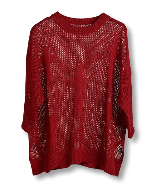 NO ID.（ノーアイディ）の「【NO ID.】Cross Motif Layered Sheer Knit Crew Neck Pullover / クロス モチーフ レイヤード シアー ニット クルーネック プルオーバー（ニット/セーター・メンズ・レッド/アイボリー/ブラック・ONE SIZE）」の18枚目の写真