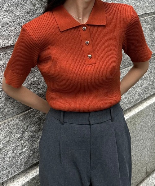 junoah(ジュノア)の「半袖ニットポロシャツ(ポロシャツ・レディース・レッド/ホワイト/ブラック/ライトベージュ/グレー/ブルー/ネイビー/オレンジ/グリーン/ピンク・MEDIUM/LARGE)」の10枚目の写真