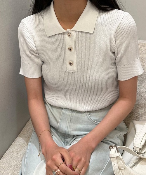 junoah(ジュノア)の「半袖ニットポロシャツ(ポロシャツ・レディース・レッド/ホワイト/ブラック/ライトベージュ/グレー/ブルー/ネイビー/オレンジ/グリーン/ピンク・MEDIUM/LARGE)」の15枚目の写真