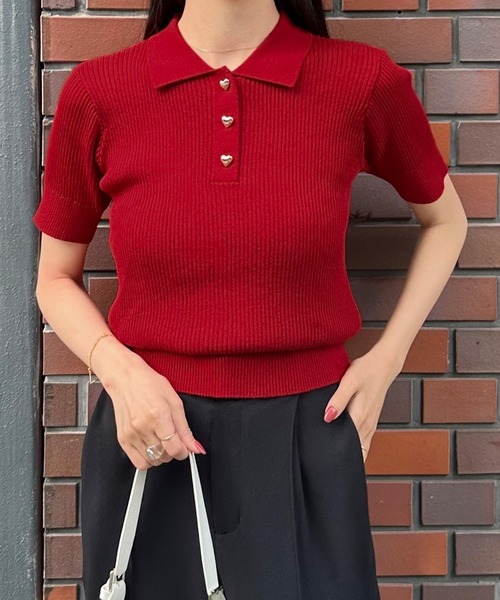 junoah(ジュノア)の「半袖ニットポロシャツ(ポロシャツ・レディース・レッド/ホワイト/ブラック/ライトベージュ/グレー/ブルー/ネイビー/オレンジ/グリーン/ピンク・MEDIUM/LARGE)」の16枚目の写真