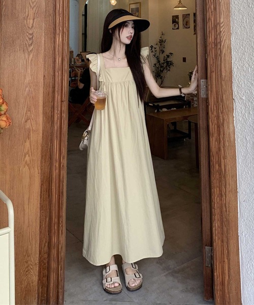LUGG NAGG(ラグナグ)の「バックリボンフリルショルダーマキシワンピース(ワンピース・レディース・ベージュ/オリーブ系・S/M/L)」の4枚目の写真