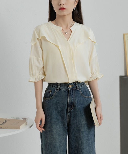 MAISON DE THERESE(メゾン ド テレーズ)の「Vネック半袖シャツ(Tシャツ/カットソー・レディース・ライトイエロー・S/M/L)」の13枚目の写真
