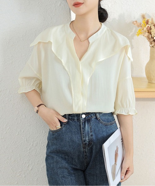 MAISON DE THERESE(メゾン ド テレーズ)の「Vネック半袖シャツ(Tシャツ/カットソー・レディース・ライトイエロー・S/M/L)」の10枚目の写真