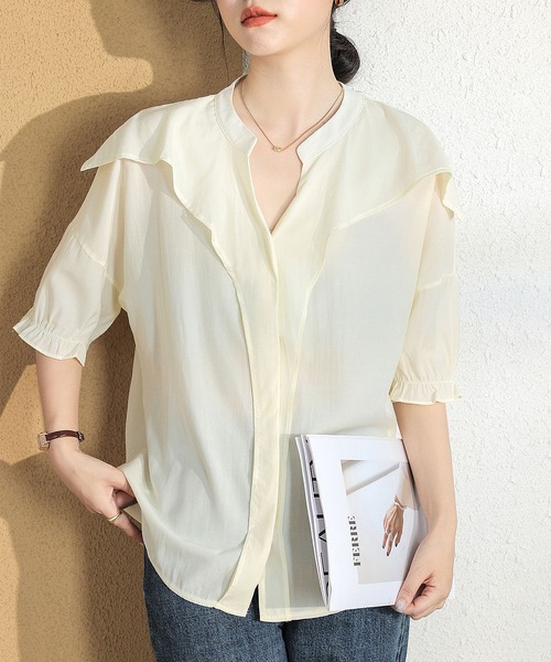 MAISON DE THERESE(メゾン ド テレーズ)の「Vネック半袖シャツ(Tシャツ/カットソー・レディース・ライトイエロー・S/M/L)」の8枚目の写真