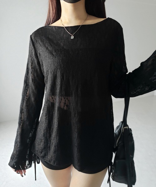 me+em select(ミームセレクト)の「※※【 2color 】ワイドスリーブオーバーシアーレーストップス / wide sleeve over sheer lace tops(Tシャツ/カットソー・レディース・ブラック/ホワイト・FREE)」の1枚目の写真