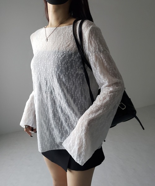 me+em select(ミームセレクト)の「※※【 2color 】ワイドスリーブオーバーシアーレーストップス / wide sleeve over sheer lace tops(Tシャツ/カットソー・レディース・ブラック/ホワイト・FREE)」の7枚目の写真