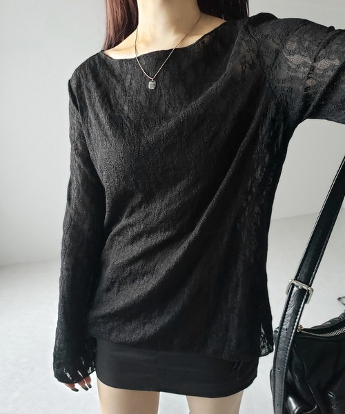 me+em select(ミームセレクト)の「※※【 2color 】ワイドスリーブオーバーシアーレーストップス / wide sleeve over sheer lace tops(Tシャツ/カットソー・レディース・ブラック/ホワイト・FREE)」の6枚目の写真