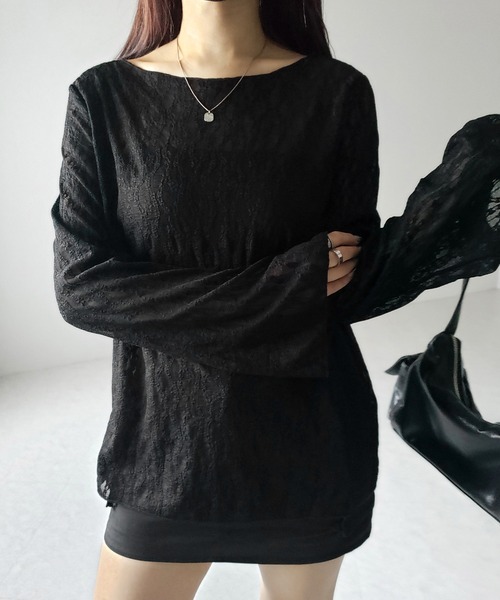 me+em select(ミームセレクト)の「※※【 2color 】ワイドスリーブオーバーシアーレーストップス / wide sleeve over sheer lace tops(Tシャツ/カットソー・レディース・ブラック/ホワイト・FREE)」の5枚目の写真