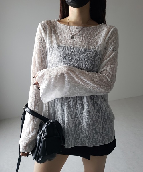 me+em select(ミームセレクト)の「※※【 2color 】ワイドスリーブオーバーシアーレーストップス / wide sleeve over sheer lace tops(Tシャツ/カットソー・レディース・ブラック/ホワイト・FREE)」の10枚目の写真