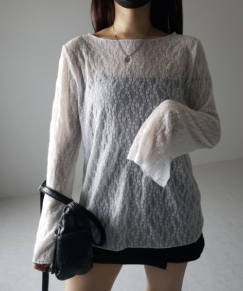 me+em select(ミームセレクト)の「※※【 2color 】ワイドスリーブオーバーシアーレーストップス / wide sleeve over sheer lace tops(Tシャツ/カットソー・レディース・ブラック/ホワイト・FREE)」の8枚目の写真