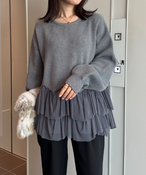 RANAN(ラナン)の「もちもち裾チュールペプラムニット(ニット/セーター・レディース・ブラック/モカ/アイボリー/グレー・LL/M/L)」の2枚目の写真