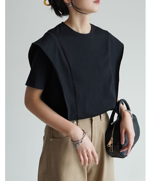 [夏の体型カバーに][接触冷感][UVカット][紫外線対策][二の腕カバー]天竺ラッフルショルダーＴシャツ