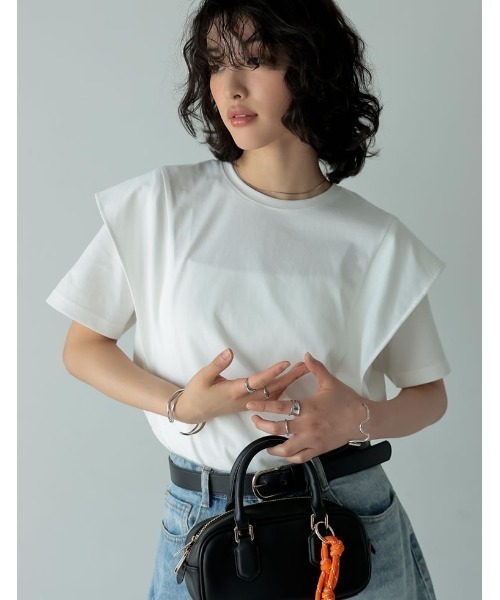 [夏の体型カバーに][接触冷感][UVカット][紫外線対策][二の腕カバー]天竺ラッフルショルダーＴシャツ