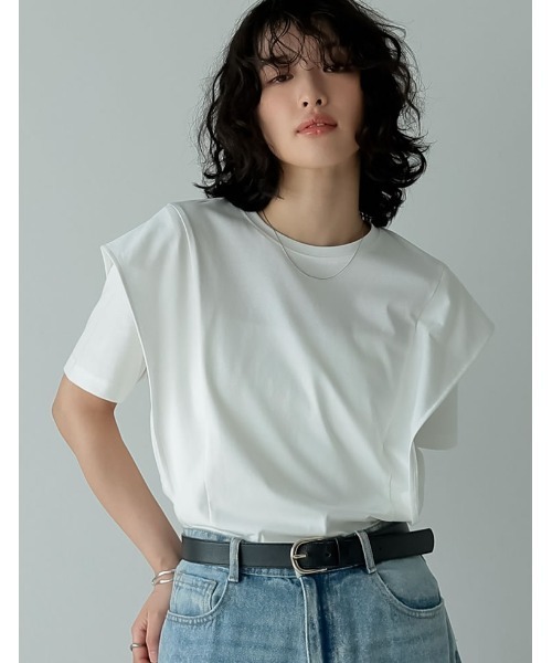 [夏の体型カバーに][接触冷感][UVカット][紫外線対策][二の腕カバー]天竺ラッフルショルダーＴシャツ