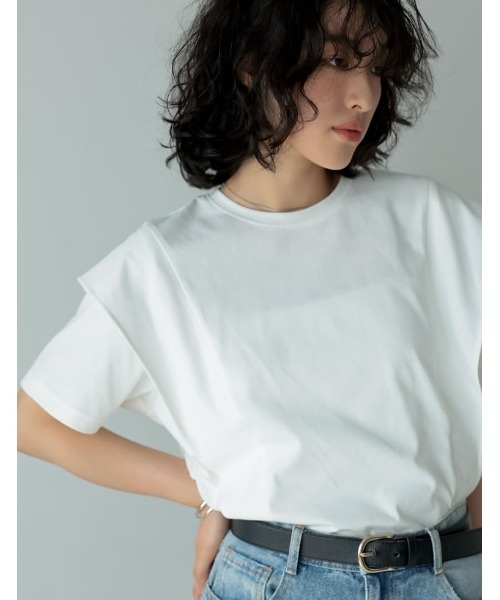 [夏の体型カバーに][接触冷感][UVカット][紫外線対策][二の腕カバー]天竺ラッフルショルダーＴシャツ