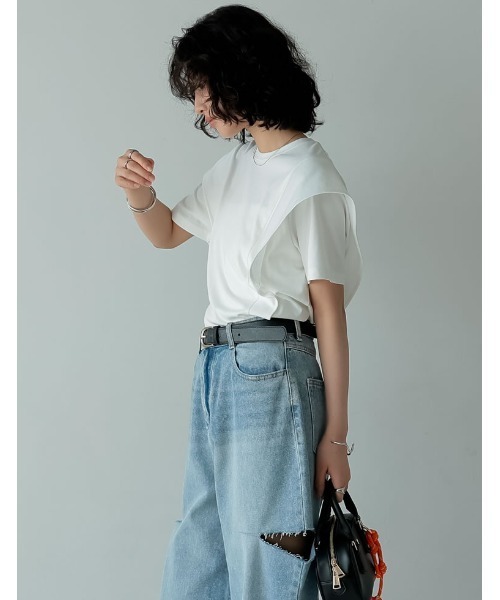 [夏の体型カバーに][接触冷感][UVカット][紫外線対策][二の腕カバー]天竺ラッフルショルダーＴシャツ