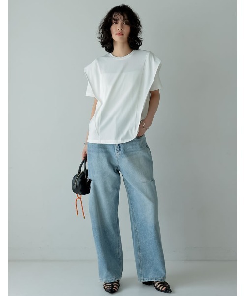 [夏の体型カバーに][接触冷感][UVカット][紫外線対策][二の腕カバー]天竺ラッフルショルダーＴシャツ