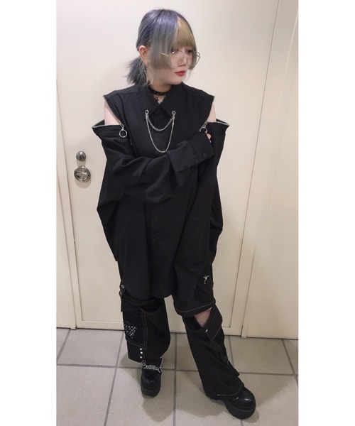 PSYNYXX（プシュニクス）の「PSYNYXX チェーンZIPシャツ（シャツ/ブラウス・メンズ・ブラック/ブラック×ホワイト・FREE）」の2枚目の写真