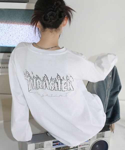 THRASHER（スラッシャー）の「THRASHER×MSG/スラッシャー 別注 ビンテージライク ワンポイントロゴ クルーネック 加工プリントロングスリーブTシャツ（Tシャツ/カットソー・メンズ・チャコール/ホワイト/ブラック/ブラック系2/ホワイト系2/グレー系2/アッシュ/ブラック系3・L/M/S/XL）」の3枚目の写真