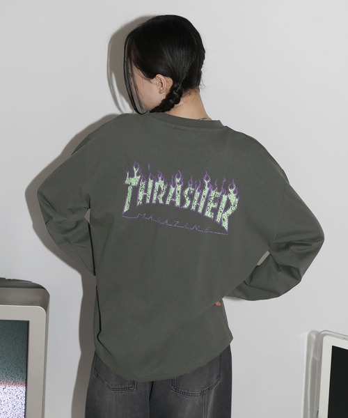 THRASHER（スラッシャー）の「THRASHER×MSG/スラッシャー 別注 ビンテージライク ワンポイントロゴ クルーネック 加工プリントロングスリーブTシャツ（Tシャツ/カットソー・メンズ・チャコール/ホワイト/ブラック/ブラック系2/ホワイト系2/グレー系2/アッシュ/ブラック系3・L/M/S/XL）」の20枚目の写真
