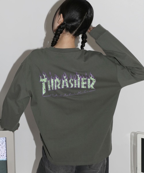 THRASHER（スラッシャー）の「THRASHER×MSG/スラッシャー 別注 ビンテージライク ワンポイントロゴ クルーネック 加工プリントロングスリーブTシャツ（Tシャツ/カットソー・メンズ・チャコール/ホワイト/ブラック/ブラック系2/ホワイト系2/グレー系2/アッシュ/ブラック系3・L/M/S/XL）」の21枚目の写真