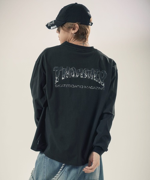 THRASHER（スラッシャー）の「THRASHER×MSG/スラッシャー 別注 ビンテージライク ワンポイントロゴ クルーネック 加工プリントロングスリーブTシャツ（Tシャツ/カットソー・メンズ・チャコール/ホワイト/ブラック/ブラック系2/ホワイト系2/グレー系2/アッシュ/ブラック系3・L/M/S/XL）」の14枚目の写真