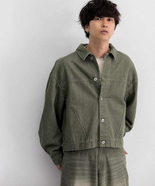 【SENSE OF PLACE】ツイストデニムジャケットL& パンツM セット セットアップ対応』ツイストデニムジャケット(M GREEN