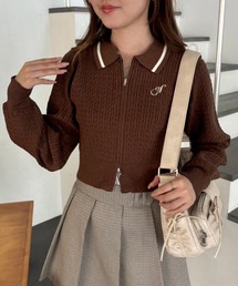 ワンポイント刺繍ダブルジップラメニット