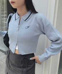 ワンポイント刺繍ダブルジップラメニット