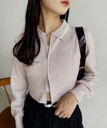 ワンポイント刺繍ダブルジップラメニット