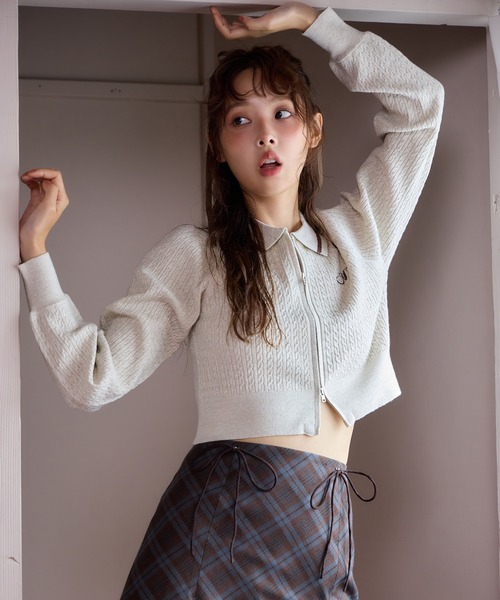 セール】ワンポイント刺繍ダブルジップラメニット（ニット/セーター