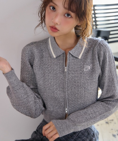 セール】ワンポイント刺繍ダブルジップラメニット（ニット/セーター