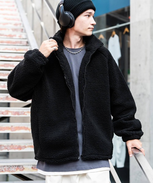 Rocky Monroe(ロッキーモンロー)の「オーバーサイズシープボアフリーススタンドネックブルゾン(ブルゾン・メンズ・ブラック/ベージュ/ネイビー/ブラウン/グレー/オフホワイト・M/L/XL)」の3枚目の写真