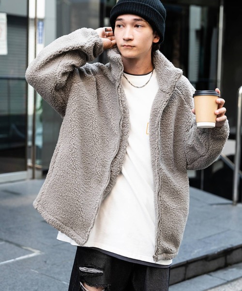 Rocky Monroe(ロッキーモンロー)の「オーバーサイズシープボアフリーススタンドネックブルゾン(ブルゾン・メンズ・ブラック/ベージュ/ネイビー/ブラウン/グレー/オフホワイト・M/L/XL)」の16枚目の写真