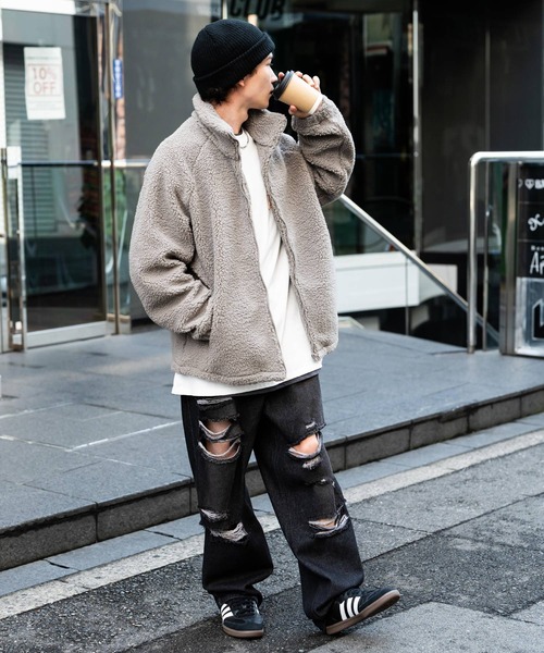 Rocky Monroe(ロッキーモンロー)の「オーバーサイズシープボアフリーススタンドネックブルゾン(ブルゾン・メンズ・ブラック/ベージュ/ネイビー/ブラウン/グレー/オフホワイト・M/L/XL)」の18枚目の写真